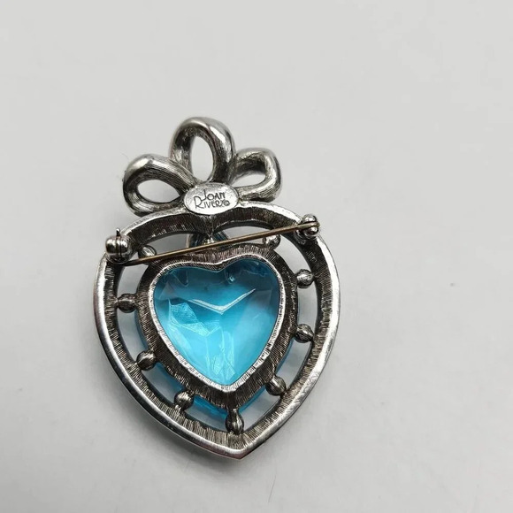 Joan Rivers Heart-Shaped Silver-Tone Blue Crystal Bow Brooch Pin 2" Vintage Jewe - Picture 3 of 4